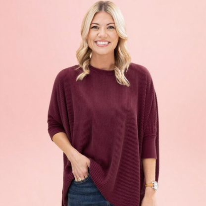 Raised Rib Easy-Fit Dolman 3/4 Sleeve Top