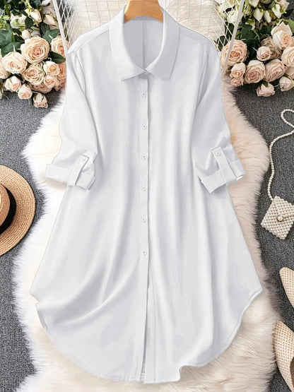 🔥Plus-Size Solid Long Sleeve Button Up Blouse for Spring & Fall