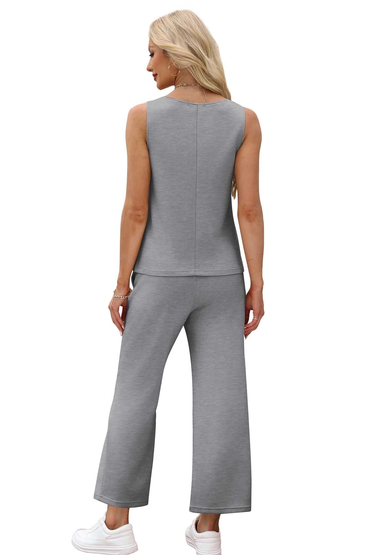 Two Piece Sets for Women Spring/Summer Lounge Sets-Crew neck sleeveless tops with wide leg crop pants