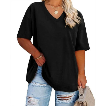 Women's Plus Size V Neck T Shirts Summer Half Sleeve Tees Casual Loose Fit Cotton Tunic Tops.