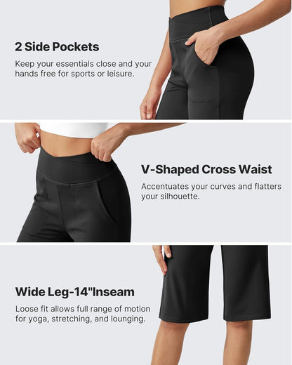 ⏰Last day promotion: Capri Pants for Women -Knee Length Wide Leg Yoga Capris Dressy Casual Summer Crop Pants with Pockets