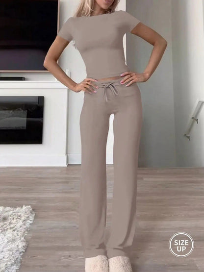 Women's Solid Modal Loungewear Two-Piece Pajama Set, Casual Comfy Soft Round Neck Short Sleeve Tee & Drawstring Pants Set, Ladies Sleepwear for Spring & Fall