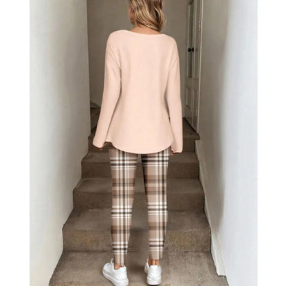 Women's Lounge Set – Long Sleeve Top & Plaid Leggings