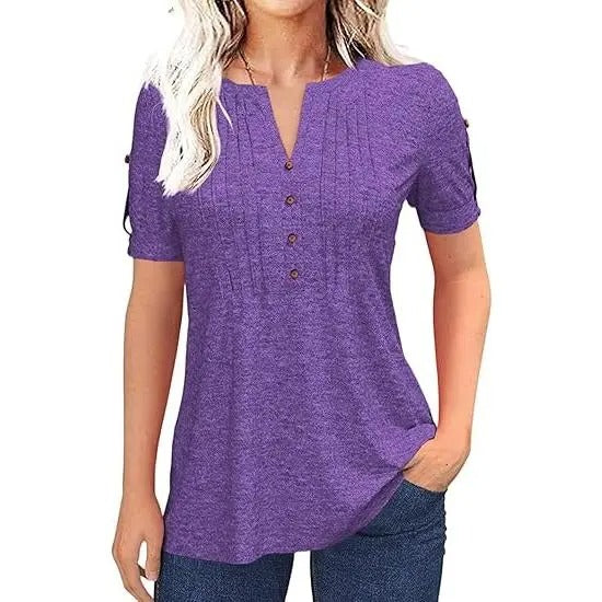 🔥Women’s V Neck T Shirt – Casual Pleated Button Top, Loose Fit Short