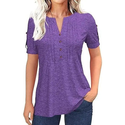 🔥Women’s V Neck T Shirt – Casual Pleated Button Top, Loose Fit Short