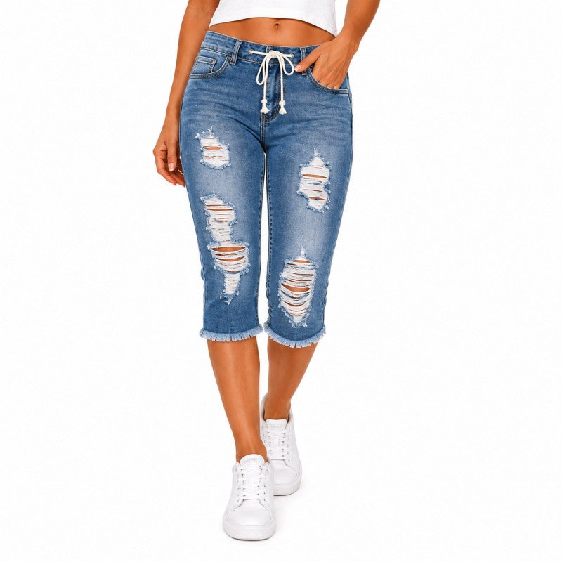 Fashion Distressed Ripped Capri Jeans Plus Size Casual High-Waisted Drawstring Waist Denim Cropped Pants