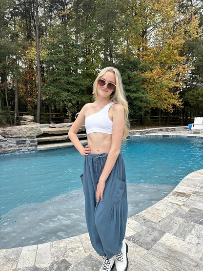Womens Linen Wide Leg Pants Casual Loose Drawstring Low Waist Beach Palazzo Harem Pants with Pockets.