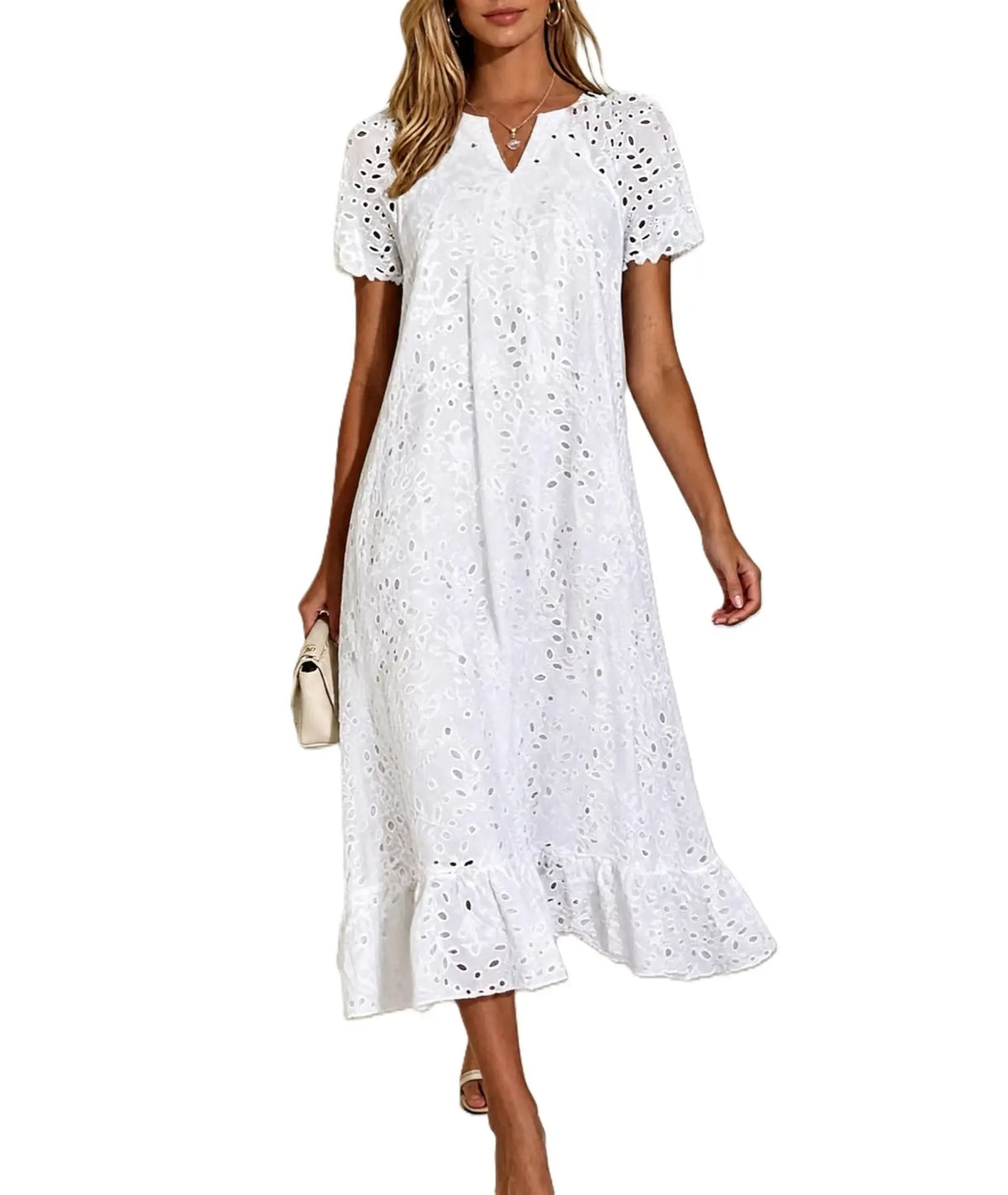 Women's Summer Ruffle Hem Floral Lace Dress - Midi & Casual
