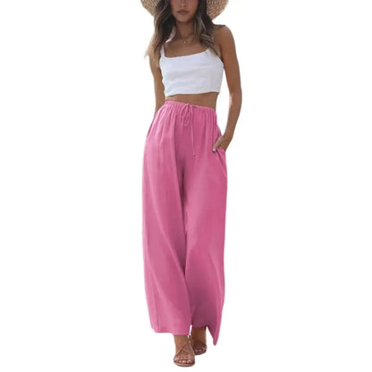 Women's Boho Cotton Linen Wide Leg Pants | High Waist Flowy Beach Palazzo Trousers（1）
