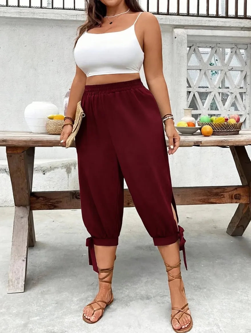 ⏰Last day promotion！Casual Plus Size Plain Capri Pants Elastic Waist Trousers with Side Slit