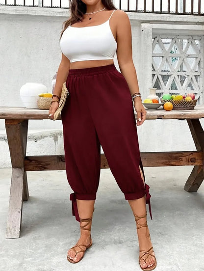 ⏰Last day promotion！Casual Plus Size Plain Capri Pants Elastic Waist Trousers with Side Slit
