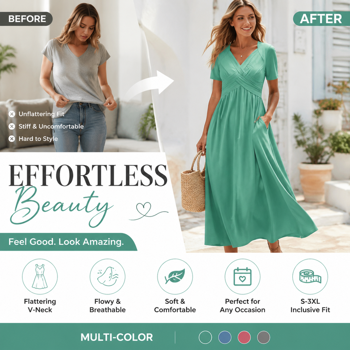 🔥Summer Clearance Sale🔥V-Neck Short Sleeve Dress – Flowy Fit, Timeless Charm