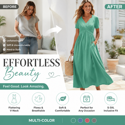 🔥Summer Clearance Sale🔥V-Neck Short Sleeve Dress – Flowy Fit, Timeless Charm