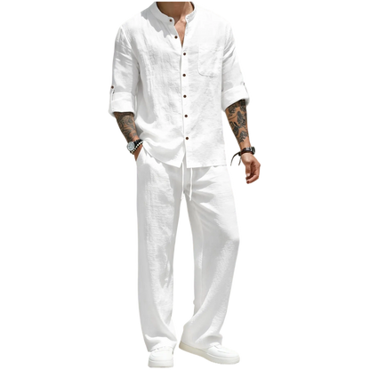 💝💝Men's Linen Stand Collar Long Sleeve Button Shirt & Straight Leg Belted Pants Set