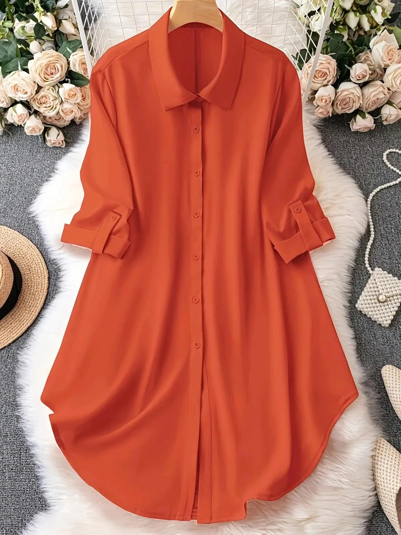 🔥Plus-Size Solid Long Sleeve Button Up Blouse for Spring & Fall