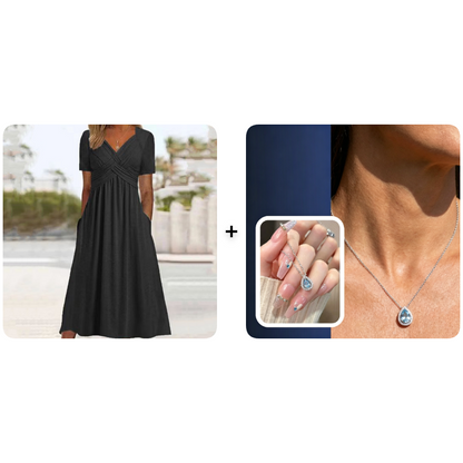 🔥Summer Clearance Sale🔥V-Neck Short Sleeve Dress – Flowy Fit, Timeless Charm