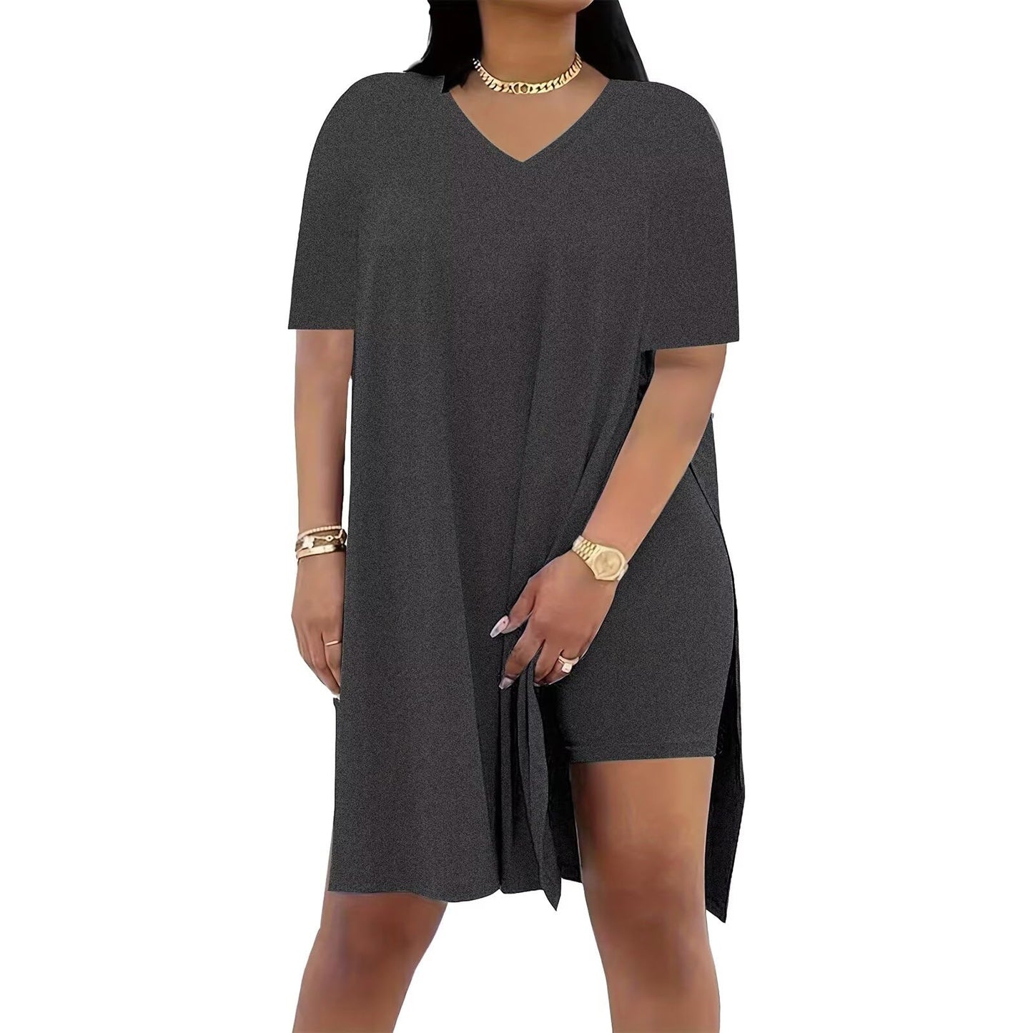 🔥 LAST DAY SALE – Women’s Casual 2-Piece Outfit – Oversized Tunic & Biker Shorts