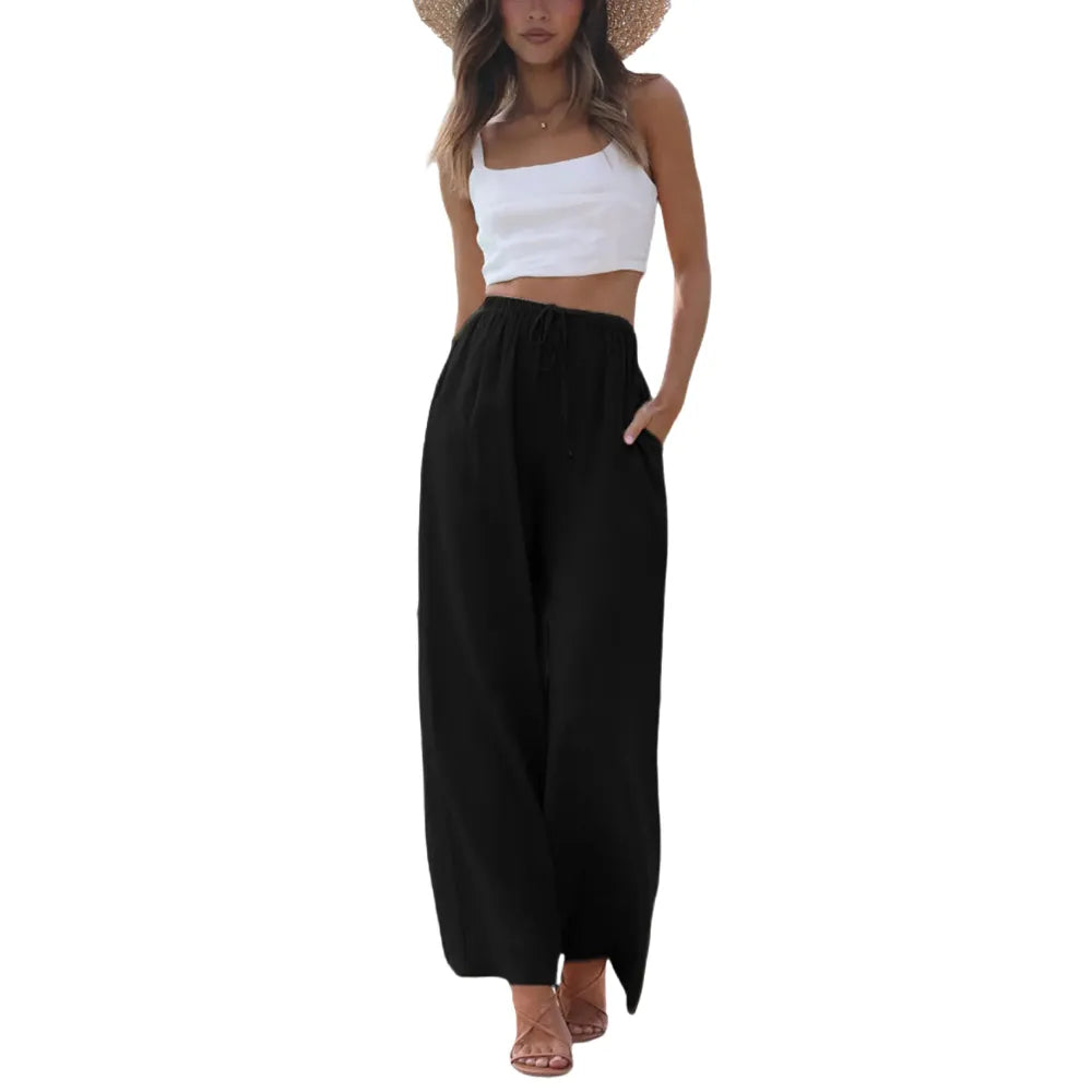 Women's Boho Cotton Linen Wide Leg Pants | High Waist Flowy Beach Palazzo Trousers（1）