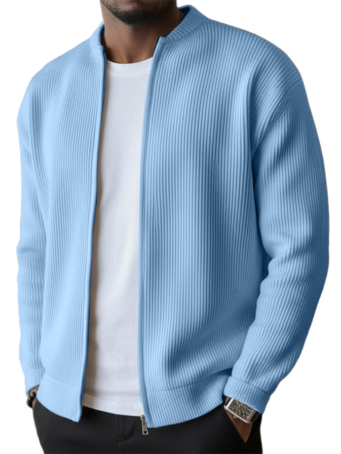 Men's Simple Casual Ribbed Stand Collar Zipper Long Sleeved Jacket（1）