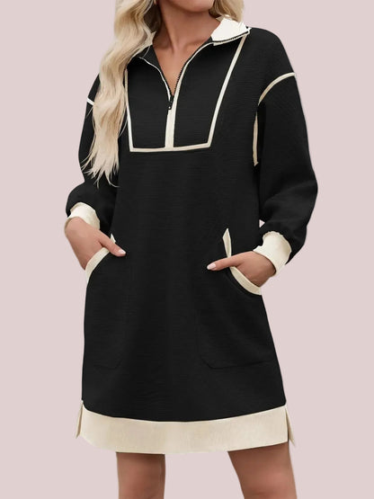 Women's Half Zip Contrast Trim Pocket Dress