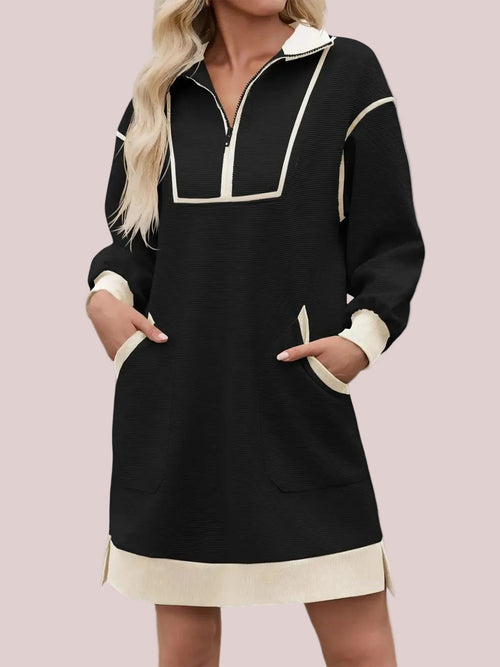Women's Half Zip Contrast Trim Pocket Dress