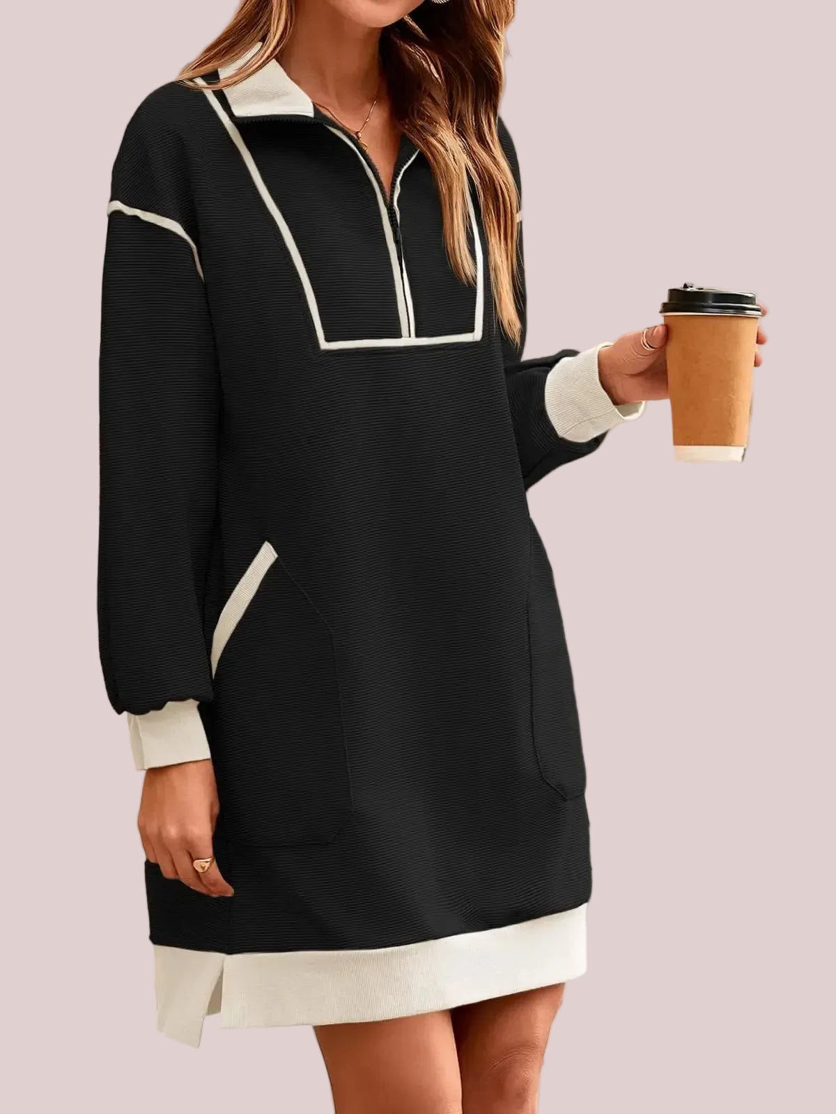 Women's Half Zip Contrast Trim Pocket Dress