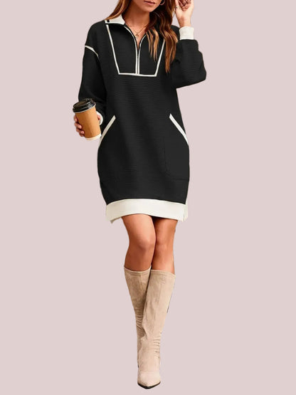 Women's Half Zip Contrast Trim Pocket Dress