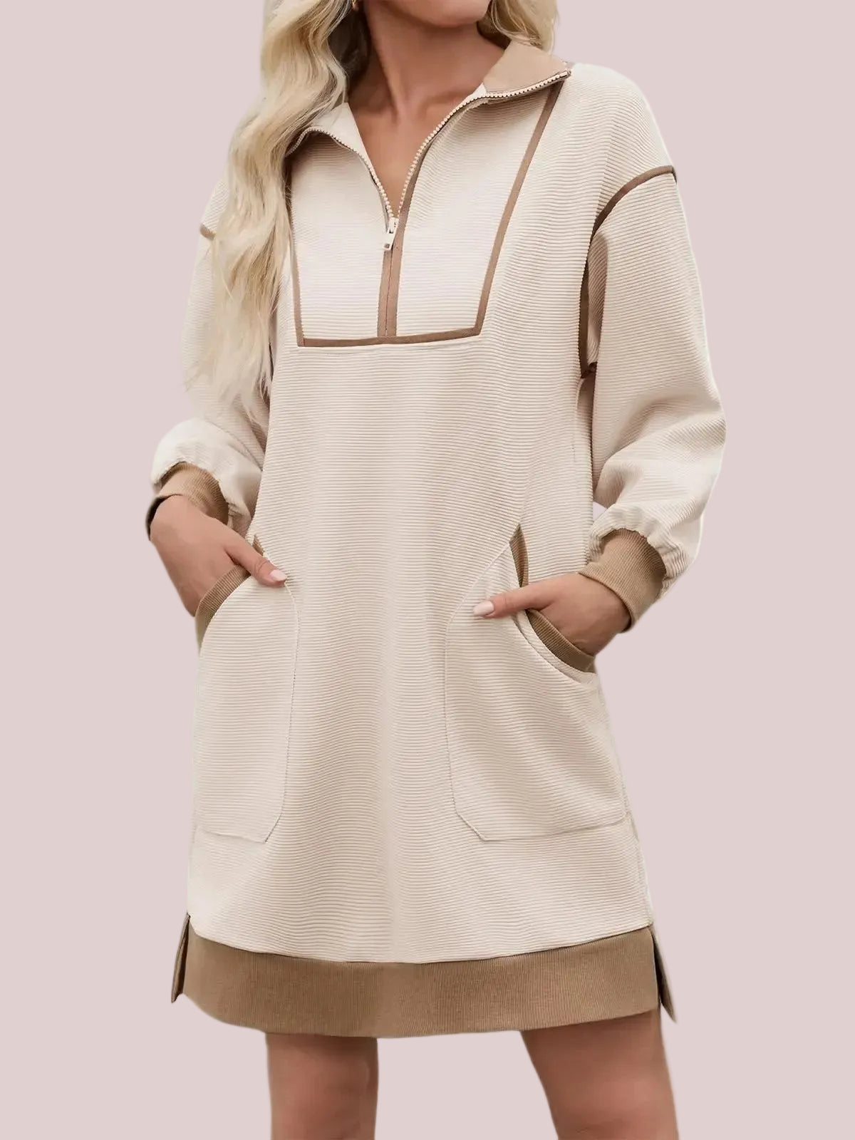 Women's Half Zip Contrast Trim Pocket Dress