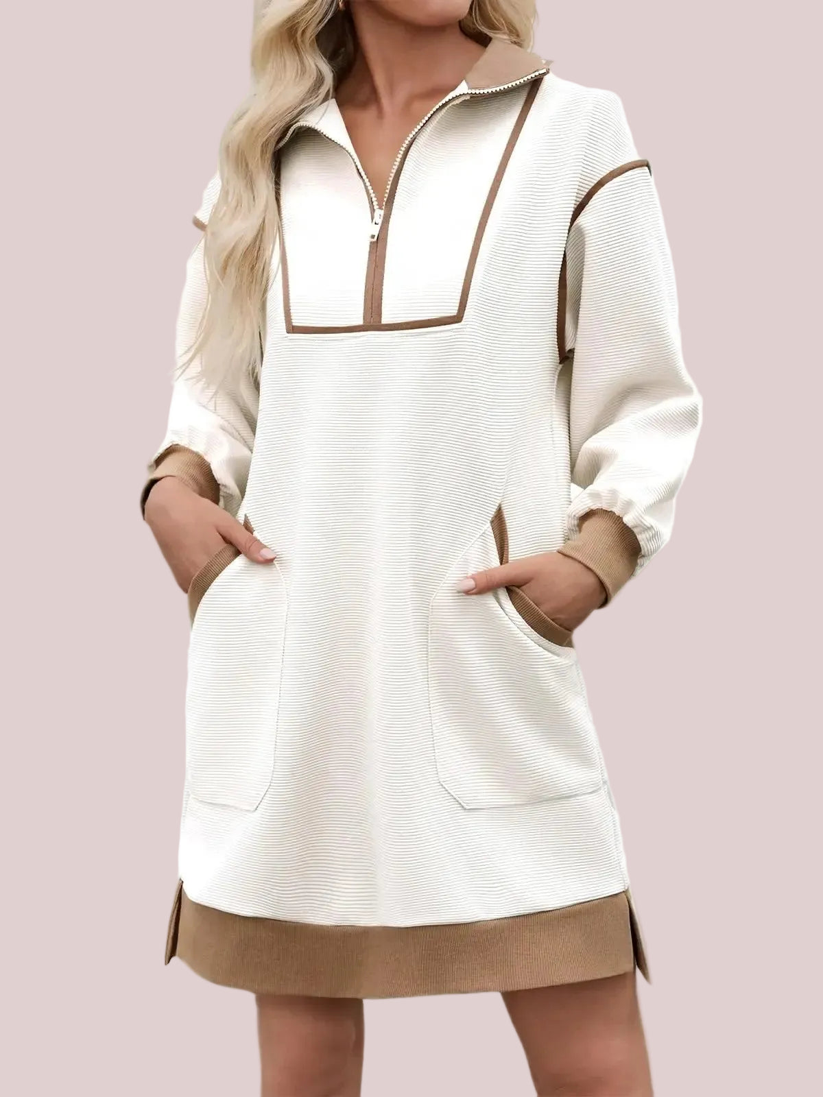 Women's Half Zip Contrast Trim Pocket Dress