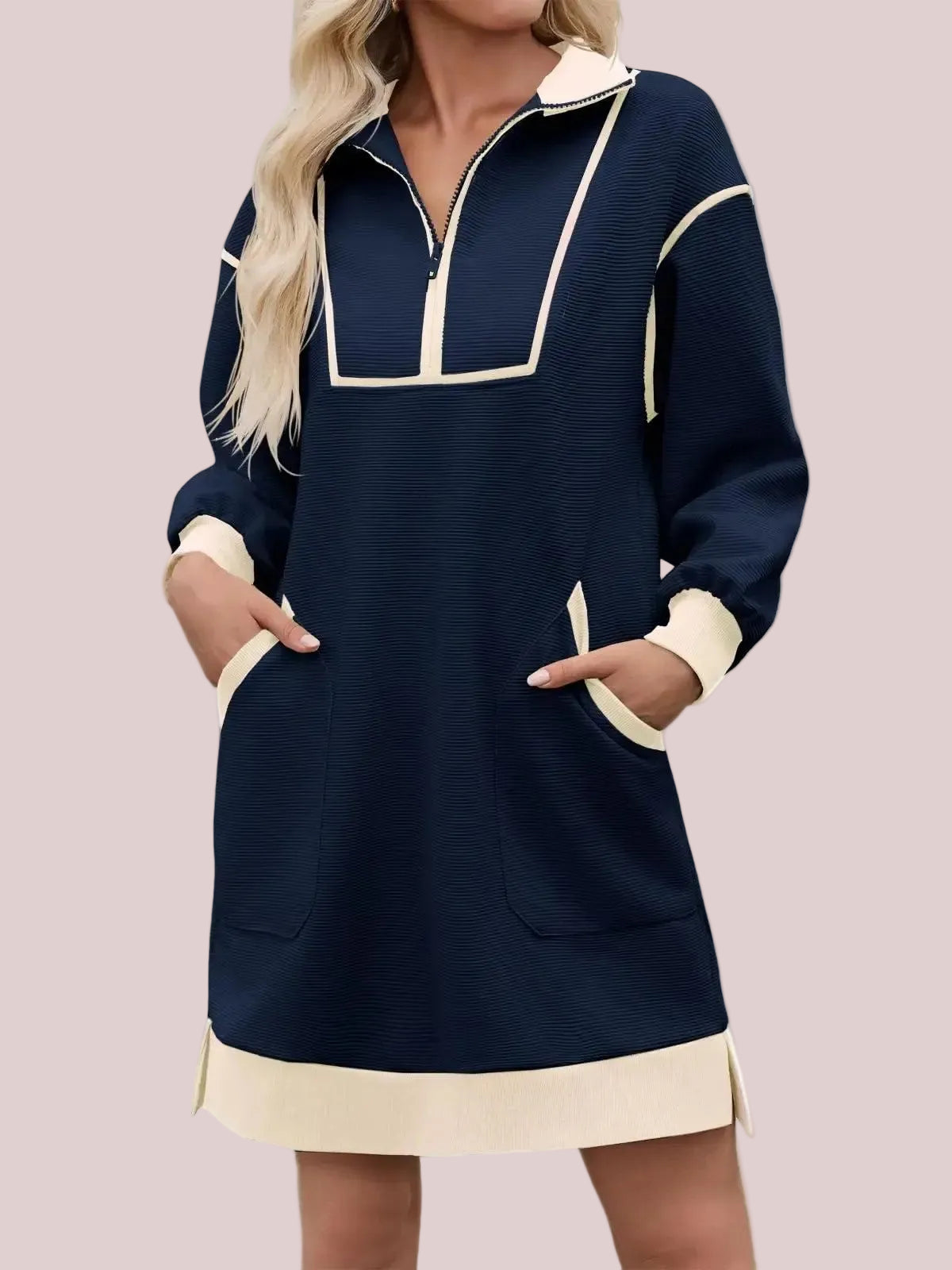 Women's Half Zip Contrast Trim Pocket Dress