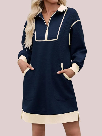 Women's Half Zip Contrast Trim Pocket Dress