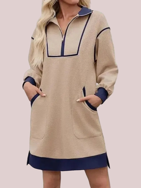 Women's Half Zip Contrast Trim Pocket Dress