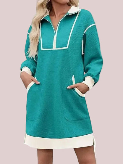 Women's Half Zip Contrast Trim Pocket Dress