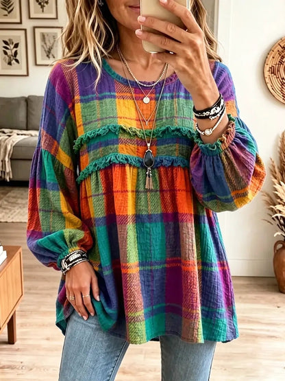 Vintage Elegant Denim Patchwork Plaid Jacket