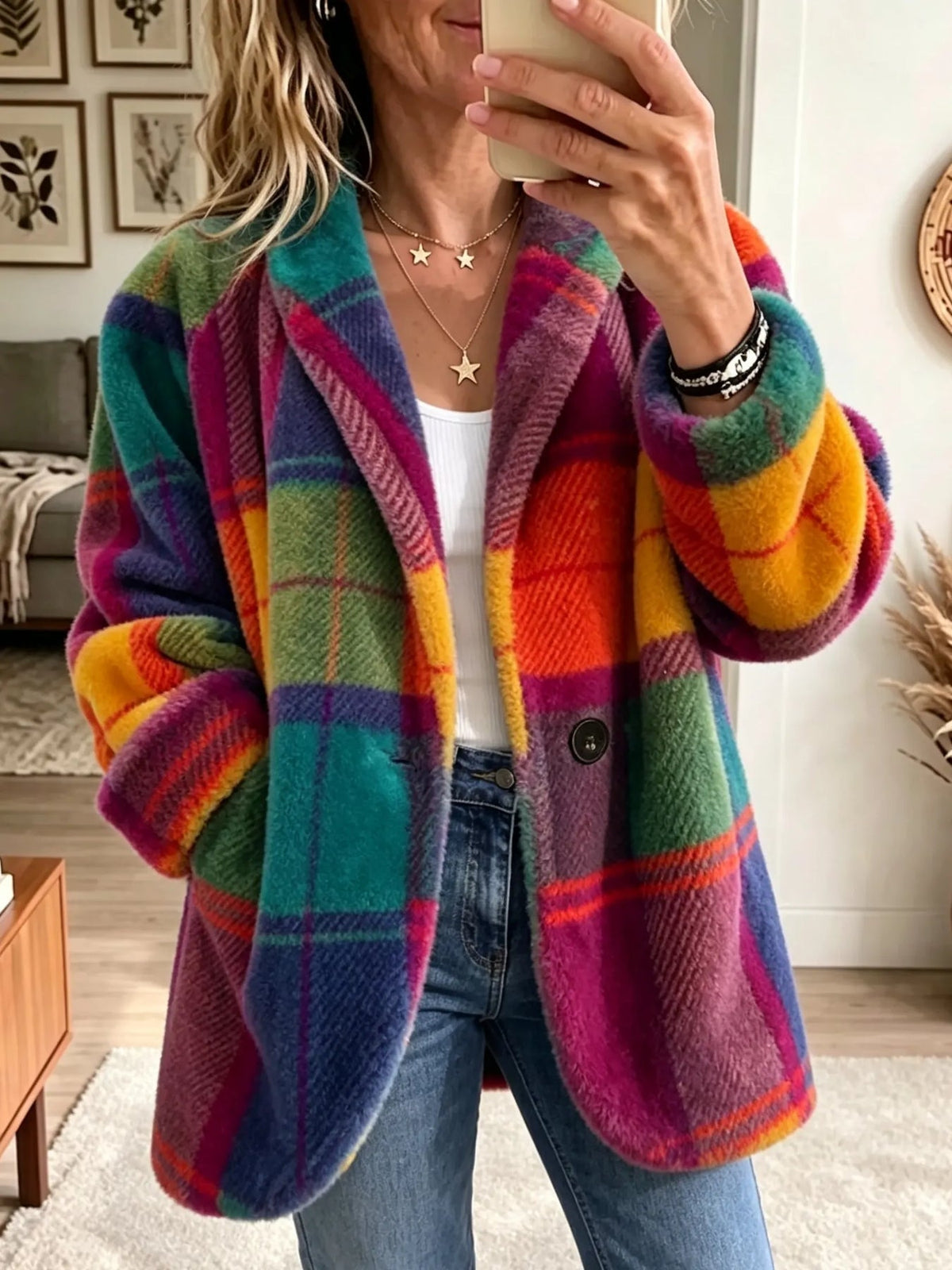 Vintage Elegant Denim Patchwork Plaid Jacket
