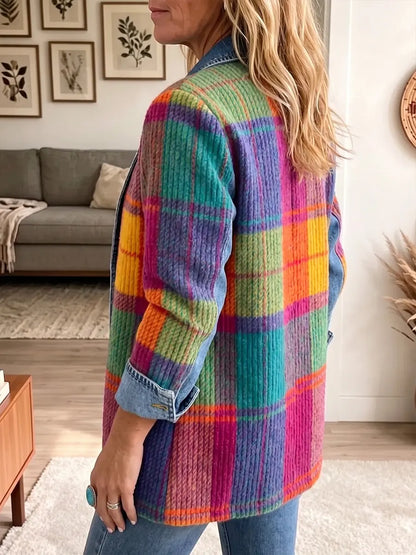 Vintage Elegant Denim Patchwork Plaid Jacket
