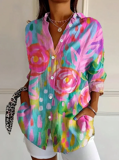 Women Retro Floral Print Casual Button‑Up Shirt