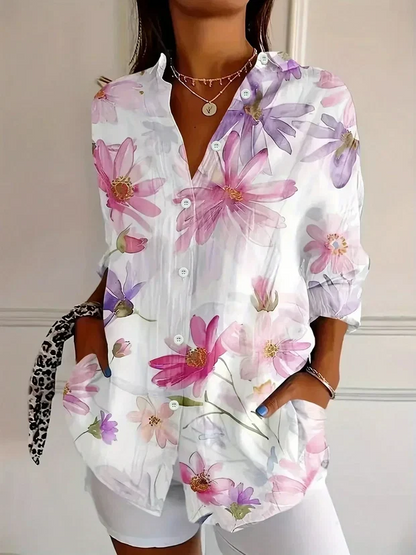Women Retro Floral Print Casual Button‑Up Shirt