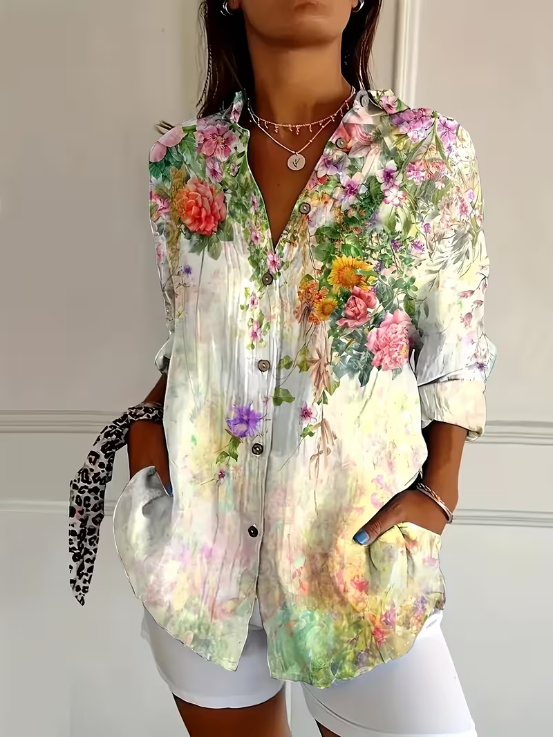Women Retro Floral Print Casual Button‑Up Shirt