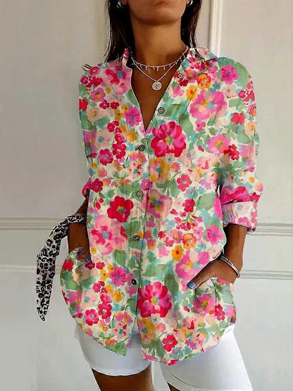 Women Retro Floral Print Casual Button‑Up Shirt