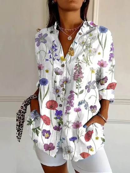 Women Retro Floral Print Casual Button‑Up Shirt