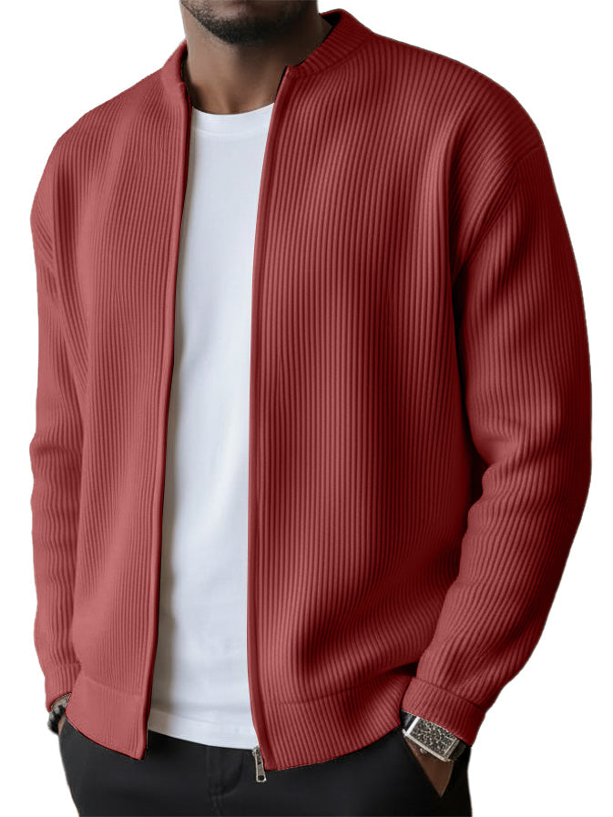 Men's Simple Casual Ribbed Stand Collar Zipper Long Sleeved Jacket（1）