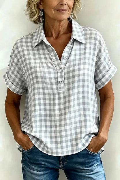 New Arrivals🔥Classic Gingham Cotton-Linen V-Neck Button-Front Blouse
