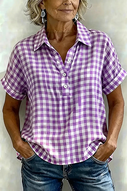 New Arrivals🔥Classic Gingham Cotton-Linen V-Neck Button-Front Blouse